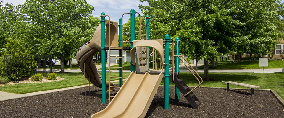 The neighborhood playground, with slides and a climbing structure on mulch, surrounded by trees and lawn.